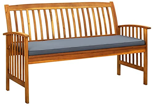QJBSAVVA Gartenbank mit Kissen 147 cm Sitzbank aus Massivholz Akazie Rustikale Holzbank langlebig für Garten Terrasse und Balkon Inklusive Auflage Dunkelgrau Geöltes Hartholz