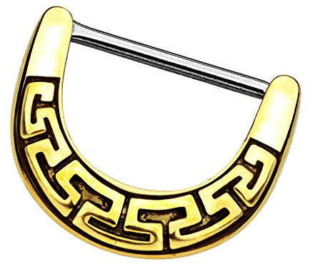 Piersando Brustwarzen Piercing Intimpiercing Nippelpiercing Brust Nippel Intim Brustwarzenpiercing Barbell Stab mit Clicker Aztec Tribal Schild Gold 1,6mm