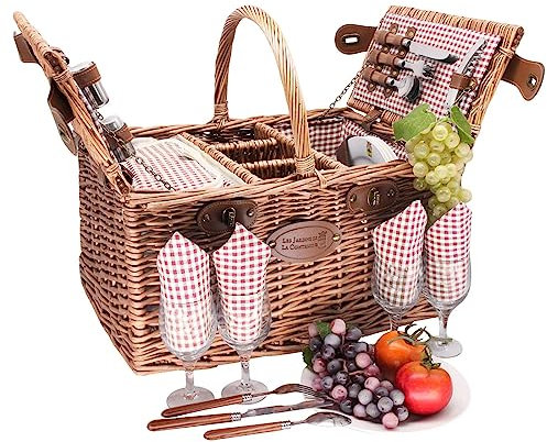 Picknickkorb Saint-Germain rotkariert aus dunkler Weide - Korb mit Fach für eine Flasche - für 4 Personen - Les Jardins de la Comtesse