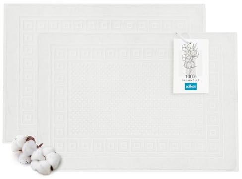 ZOLLNER 2er Set Badematten in 50x70 cm - weiches und saugstarkes Waffelmuster in weiß - waschbar bis 95°C - Baumwolle - Hotelqualität - Oeko Tex® Zertifiziert