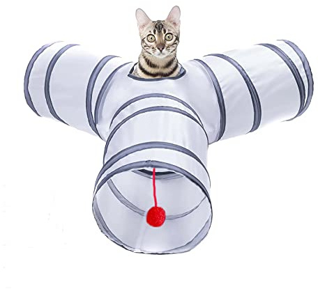 Katzentunnel, 3-Wege-Tunnel, Spielzeug für drinnen und draußen, faltbarer Tunnel mit natürlichem Sicherheitsmaterial, einfache Lagerung und tragbar, geeignet für Katzen und Welpen, 80 cm, Weiß / Grau