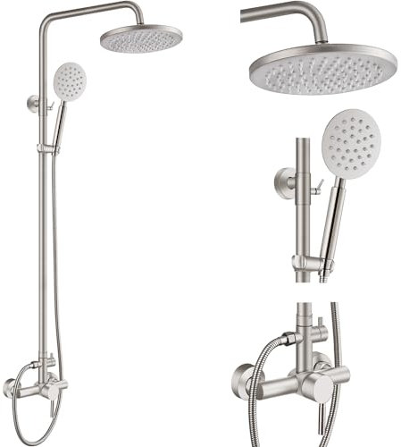 Midanya Gebürstetes Nickel Outdoor Duscharmatur SUS304 Edelstahl 20,3 cm Regenduschkopf Wandhalterung Duscharmatur mit rundem Handsprüher Verstellbare Schiebestange Einzelgriff