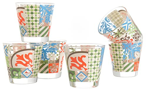 Baroni Home - Juego de 6 vasos de agua Made in Italy, decoración impresa en el cristal Capacidad 25 cl. Dibujo: azulejos de color