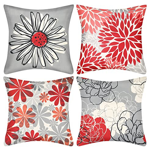 Cheekywares Kissenbezug 40x40 Weihnachten Rot Sofakissen Zierkissenbezüge Moderne Blumendruck Gänseblümchen kissenbezüge Kissenhülle Leinen für Sofa Auto Schlafzimmer Zuhause Dekor, 4er Set