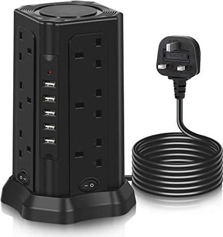Tower Extension Lead with 5 USB Slots(5V/3.1A), GLCON 12 Way Multi Plug Extension Sockets(13A/3250W) with Extension Cable 3M, Plug Tower Power Tower Strip for Home Office