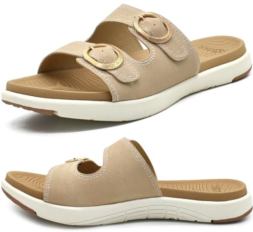 COFACE Womens Orthotic Slides Comfort Plantar Fasciitis Arch Support Slip on Flat Sandals Ladies Soft Cushion Fashion Yoga Mat Sliders with Adjustable Straps, Beige Size 7