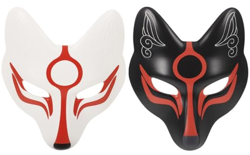 TENDYCOCO Kitsune Lot de 2 masques de renard en EVA pour adultes, noir et blanc, idéal pour les bals masqués, les fêtes costumées et les spectacles sur scène, Blanc., 26X23CM