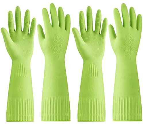 Disfore Lot de 2 paires de gants en caoutchouc réutilisables et antidérapants - Gants de vaisselle imperméables à manches longues pour protéger vos mains - Gants de cuisine doux et confortables de