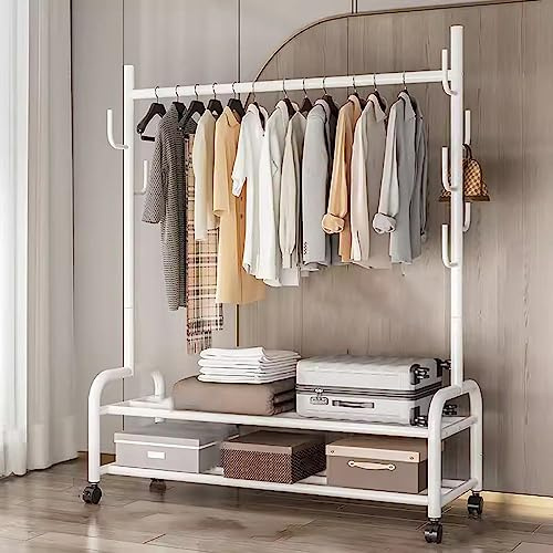 Schwerlast Kleiderständer Auf Rollen Metall Kleiderstange Multifunktionaler Mobiler Garderobenständer Mit Schuhregal Und 7 Haken for Schlafzimmer, Flur, 120/150 * 37 * 165cm