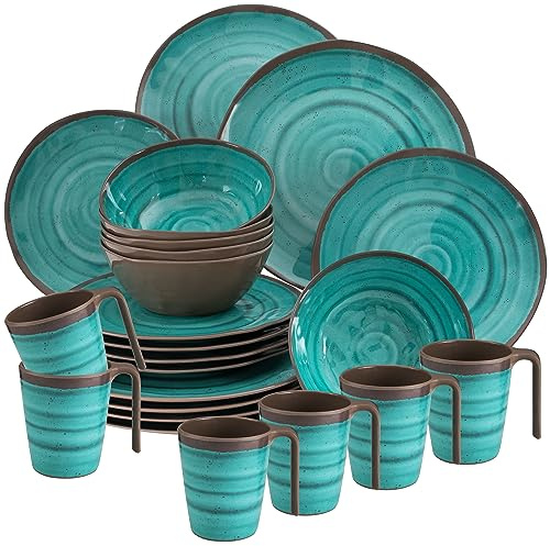 Melamin Geschirr Set 6 Personen Steingut Optik grün-braun 24 Teile Tassen