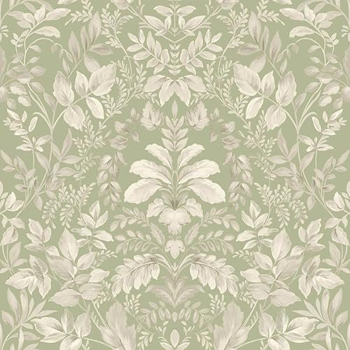 Sage Green Damask Leaf Wallpaper - Floral Cream Natural Flower Botanical, Classic Feature Wall