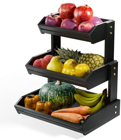 HOLANA Acacia - Cesta de frutas de 3 niveles para mostrador, frutero de madera para organizador de encimera de cocina, cesta de madera para almacenamiento de productos, organizador de aperitivos para