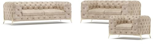 S-Style Möbel Casero Sofagarnitur 3 2 1 Polstergarnitur Chesterfield-Couchgarnitur 3-Sitzer Sofa 225x100x75cm 2-Sitzer Sofa 185x100x75cm Sessel 125x100x75cm Silberne Metallfüße Beige