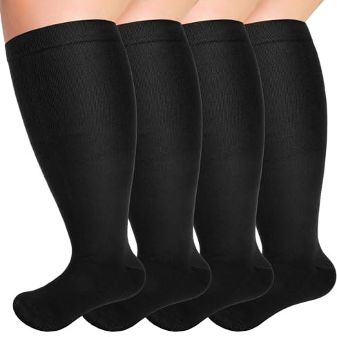 NEWIROVE 4Pares Medias Compresion Tallas Grandes Calcetines Compresión Deporte 2XL Calcetín Compresión Varices Calcetines Enfermera Compresion Mujer Hombre Para Embarazo Viajes Vuelo, Negro