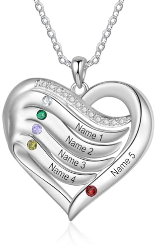 Lam Hub Fong Personalisiert Namenskette Herz Halskette mit 2-5 Namen Geburtsstein Kette Damen mit Gravur Mutter Schmuck Geschenke für Muttertag Weihnachtstag Geburtstage