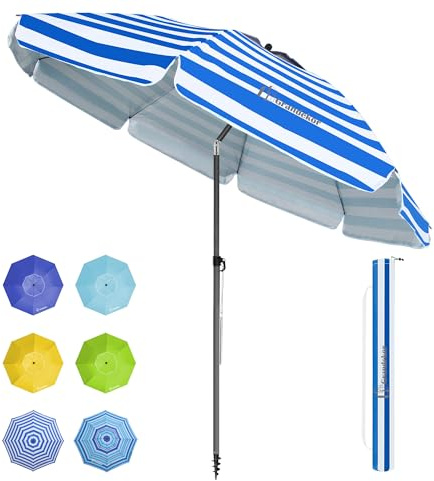 Grandekor Parasol de Plage, Parasol de Jardin Exterieur, UV50+, Ombrelle réglable en Hauteur et Inclinaison, avec Ancre de Plage de 12cm, pour Plage, Balcon & terrasse, 200cm, Rayure Bleue Blanche