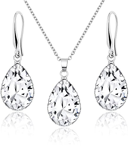 Linawe Crystal Imitation Diamond Wedding Jewellery Sets for Brides Bridesmaid, Silver Pendant Necklace Set, Rhinestone Drop Dangle Earring Set, Cubic Zirconia Birthstone Teardrop Matching Jewellery