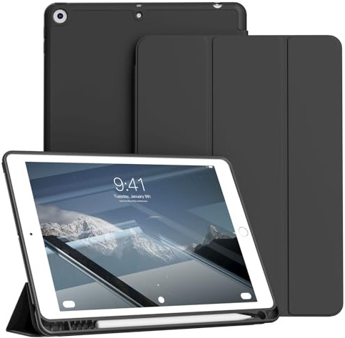 KVTVOU Hülle für iPad 9. / 8. / 7. Generation 10,2 Zoll, Schwarz | Weiche TPU Rückseite, Ultradünn Stoßfest Hülle mit Stifthalter für iPad 9/8/7 (2021/2020/2019), Auto Wachen/Schlafen