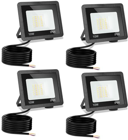 Jiubiaz LED Strahler Außen 10W, 3000K/4000K/6500K LED-Strahler Dimmbar, Superhell Fluter Flutlichtstrahler, IP66 Wasserdicht Scheinwerfer Aussenstrahler für Hof, Garten, Garage(4 Stück)