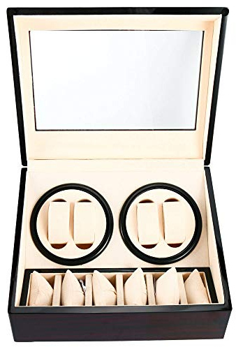 HauTour Automatische Uhrenbeweger Box, Luxuriöser Uhrenbeweger Uhrengehäuse 4 Uhrenbewe + 6 Uhren Holz Uhrendreher Uhrenbox mit Leisem Drehendes für Uhrengeschäft und Zuhause 12 * 9.3 * 7 Zoll Rot