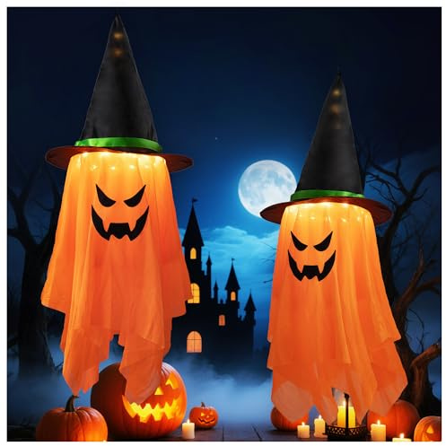Woukksy Halloween Deko Geist mit Hexenhut, 2er-Set 1m Hängende leuchtende Geister mit Orange LED-Lichterkette, Halloween Beleuchtung für Außen und Innen, Halloween Deko für Garten, Party & Terrassen