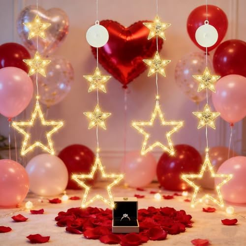 HELESIN Christmas Window Lights, 4 Packs Warm LED Christmas Star Lights | Battery Powered Hanging Xmas Fairy Lights with Suction Cup for Outside/Indoor Valentine's Day, Mother's Day Decoration