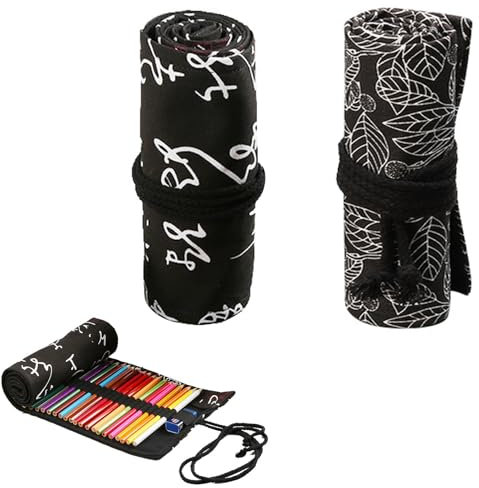 Oiieco 2-er Set Stifterolle 36 Fächer Rollmäppchen aus Canvas – Waschbares & Robustes Stifteetui zum Aufrollen, Federmäppchen für Schule, Büro, Künstler & Reisen – platzsparend, Schwarz