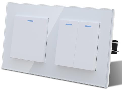 MVAVA Interruptores Conmutador con Garfio,Interruptors pared con Cristal,Basculante Con Pilotitos LED,Fácil Instalación,C-Series,1 Gang 2 Vía+2 Gang 2 Vía,157mm Blanco