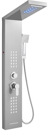 KINKIBOS Torre doccia a LED con miscelatore, 5 modalità Colonna doccia: pioggia e cascata, getti massaggianti corpo, doccetta e beccuccio per vasca da bagno, pannello doccia in acciaio inox spazzolato