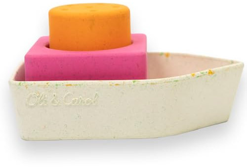 Oli & Carol Spielzeugboot aus recyceltem Gummi, Orange, Badespielzeug – Geschenk für Babys 0 3 6 Monate, 1 Jahr – 3 stapelbare Figuren