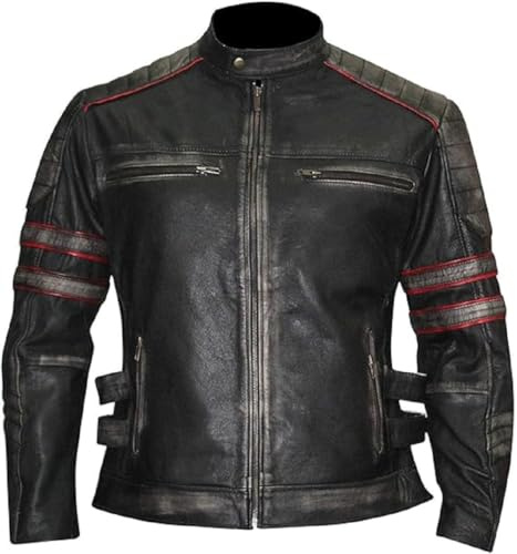 TRESSANO Cafe Racer - Giacca da motociclista retrò da uomo, in pelle, effetto invecchiato, colore: nero, Nero anticato, X-Large
