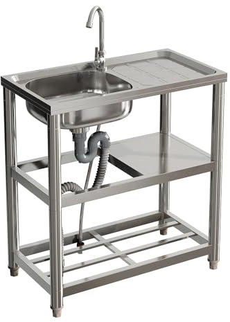 Warmiehomy Kitchen Sink Unit 3 Tier Free Standing Sink with Storage Shelf Stainless Steel Single Bowl Commercial Sinks Outdoor Camping Washbasin with Drainer Kit, 75x40x80cm