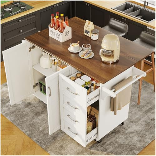 Seyakany Islas de cocina móviles 128x46-71x92,5cm con banco de trabajo plegable, toallero y estante para especias, aparador de cocina con separadores ajustables y cajón, carrito de comedor, color