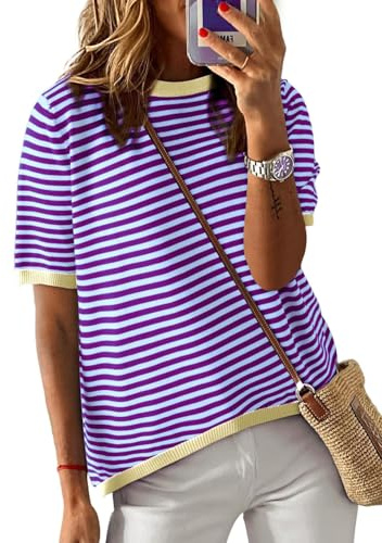 Cuptacc Tee Shirt Femme Rayure Coton Top Femme Chic et Élégant Col Rond été Manche Courte Blouse