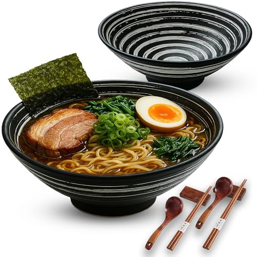 Annie's Cocina Porcelain Ramen Bowl Set of 2-1000ml 34-Oz with Wooden Chopsticks, Spoons & Rests-Japanese Large Ramen Bowl for Soup Salad Pho Cereal Pasta-Microwave & Dishwasher Safe-Gift Collection