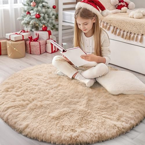 Homaxy Hochflor Waschbar Klein Teppich Wohnzimmer 120 cm Rund, Beige | Anti-Rutsch Unterseite Teppiche, Flauschig Teppich fürs Kinderzimmer, Schlafzimmer