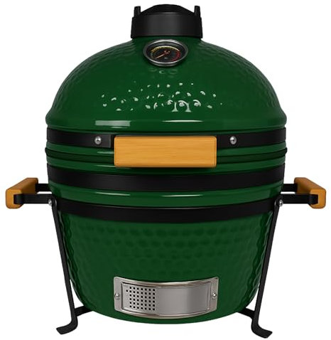 Barbecue Kamado Grill japonais en Céramique - Ø40 cm - Charbon de Bois - Thermomètre Intégré - Poignée en Bois - Couleur Vert - Idéal Jardin, Terrasse, Camping