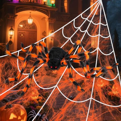 Halloween-Dekorationen für drinnen und draußen, riesiges Spinnennetz-Set mit 124 cm orangefarbener Riesenspinne, 500 cm Spinnennetz, 40 g Spinnweben für Spukhaus, Garten, Hof, Party-Dekoration