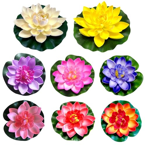 BEAHING Schwimmende Teichpflanzen, schwimmendes Teichdekor für Outdoor -Teiche, 10pcs 4 Zoll künstliche Lotusblume für Gartenpool -Fischtankdekoration