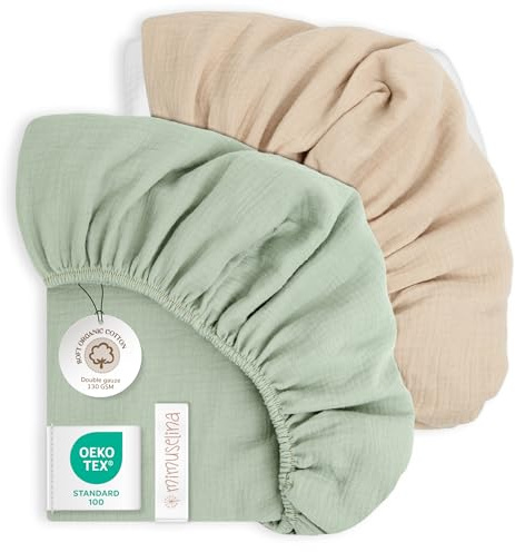 Mimuselina Spannbettlaken Stubenwagen 35x75 – 2er-Pack Stubenwagen Bezug 75x35 aus 100% weicher, atmungsaktiver Musselin-Baumwolle – Handgefertigt in Spanien – [Mint + Sand]