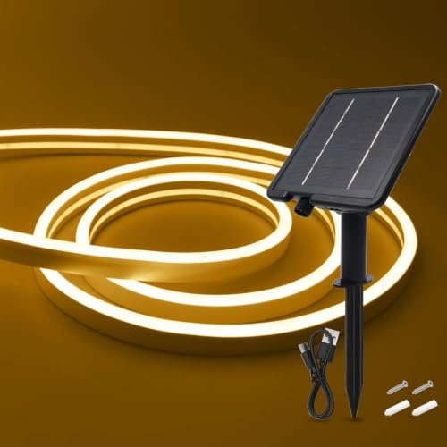 Wisada 24V Solar Neon Band,Solarbetriebene 8 Modi SMD2835 LED Stripe，Cuttable 5cm,120LEDs/m Flex Neon LED Streifen für Terrasse, Innenhof(Warmweiß,10m)