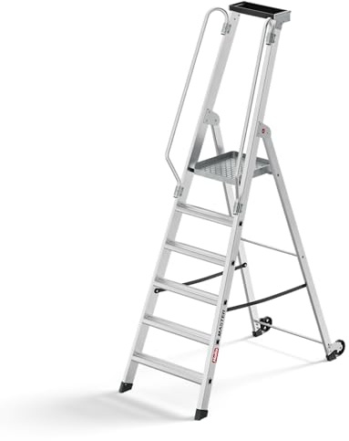 Hailo Master P80 Alu-Plattformleiter fahrbar 6 Stufen, EN 131, bis 150 kg | Große rutschhemmende Standfläche, Arbeitsschale, Handlauf, leicht und stabil