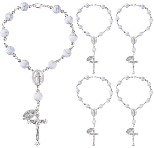 SUPERFINDINGS 5Pcs Steering Wheel Rosary Charm Car Interior Rear Mirror Charms Rosary Hanging Pendant Synthetic Howlite Bead with Silver Cross and Virgin Mary Charms for Auto Charm Decor