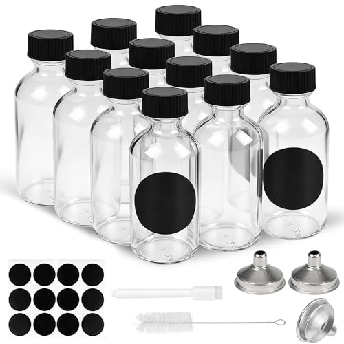 12 Pack 2oz/60ml Small Glass Ginger Shot Bottles with Leak-Proof Lids | with 3 Funnels, 12 Labels, 1 Brush, Portable, for Juice Oils Sauces Whiskey Potion Wellness, Travel Camping Labs Classrooms