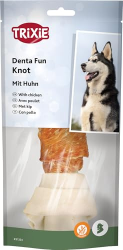 TRIXIE Dog Treats Denta Fun Knotted Chicken Chewing Bone Dog Snack - Snack to support dental care, savory treat with meat 120 g 18 cm - 31324 (Pack of 6)