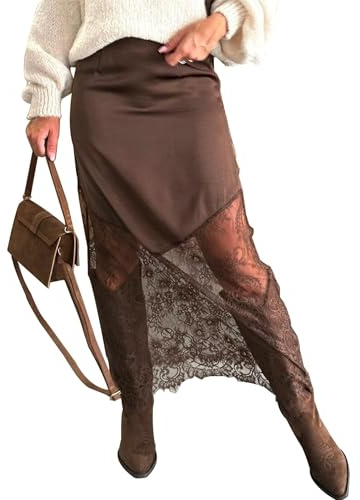 Gonne maxi da donna in raso con pizzo e patchwork, a vita alta, linea ad A, stile Y2k, eleganti gonne lunghe da donna, marrone, M