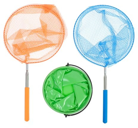 Kisangel 3pcs Children’s Fishing Nets and Insect Catching Nets for Boys and Girls with Stainless Steel Telescopic Handles Orange Light Blue and Green Folding Bucket Set for Outdoor Nature