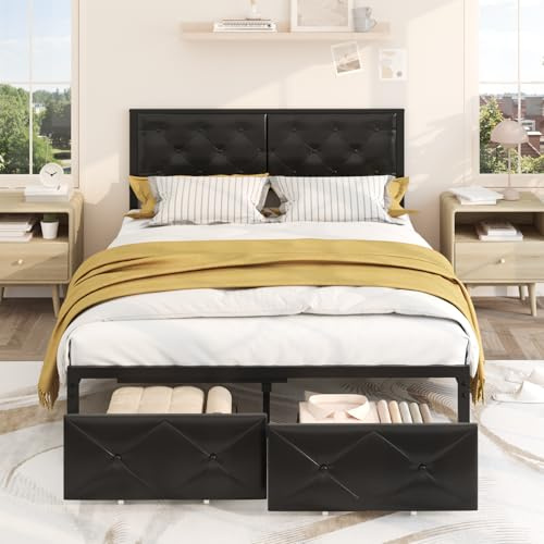 Vendricasa Bett 140x200 mit Stauraum – Doppelbett mit Ladestation (1× Schuko‑Steckdose, 1× USB‑A, 1× USB‑C) und Polsterkopfteil, Metallbett mit Lattenrost, Bettgestell bis 500 kg belastbar, Schwarz