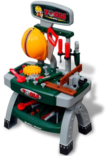 Ordellia Kinderwerkbank Werkzeugbank mit Werkzeugen aus Kunststoff in Grün und Grau, 44 x 28 x 71 cm, 26-teiliges Spielset, Rollenspiel für Handwerker, fördert Kreativität und soziale Kompetenz