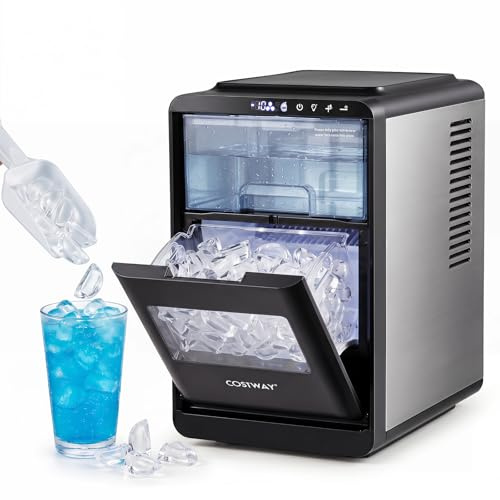 COSTWAY Máquina de Hielo de Sobremesa, 12 kg/Día, 16 Cubitos en 15 Minutos | Maquina de Hacer Hielo con Grosor Ajustable,Autolimpieza,Panel de Control, Pala y Cesta, Casa/Cocina/Oficina/Bar